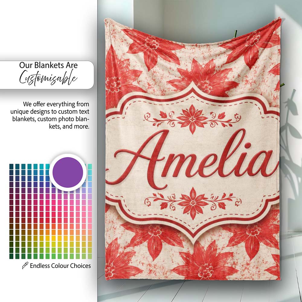 Distressed Red Floral Block Print Texture Seamless Pattern Lovely Personalised Custom Name Super Soft Fleece Blanket Bed Sofa Throw