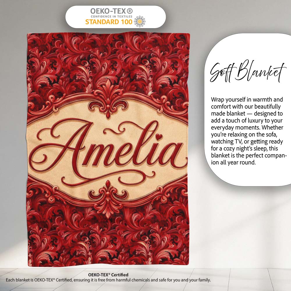 Luxury Deep Red Ornamental Damask Pattern Seamless Pattern Lovely Personalised Custom Name Super Soft Fleece Blanket Bed Sofa Throw