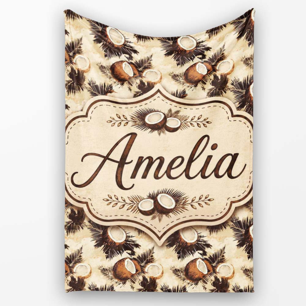 Vintage Coconut Palm Tropical Beige Seamless Pattern Lovely Personalised Custom Name Super Soft Fleece Blanket Bed Sofa Throw