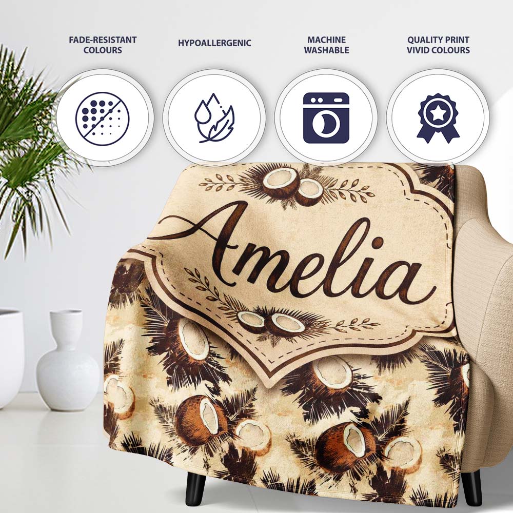 Vintage Coconut Palm Tropical Beige Seamless Pattern Lovely Personalised Custom Name Super Soft Fleece Blanket Bed Sofa Throw