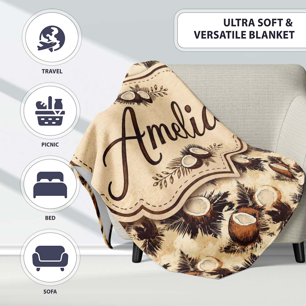 Vintage Coconut Palm Tropical Beige Seamless Pattern Lovely Personalised Custom Name Super Soft Fleece Blanket Bed Sofa Throw