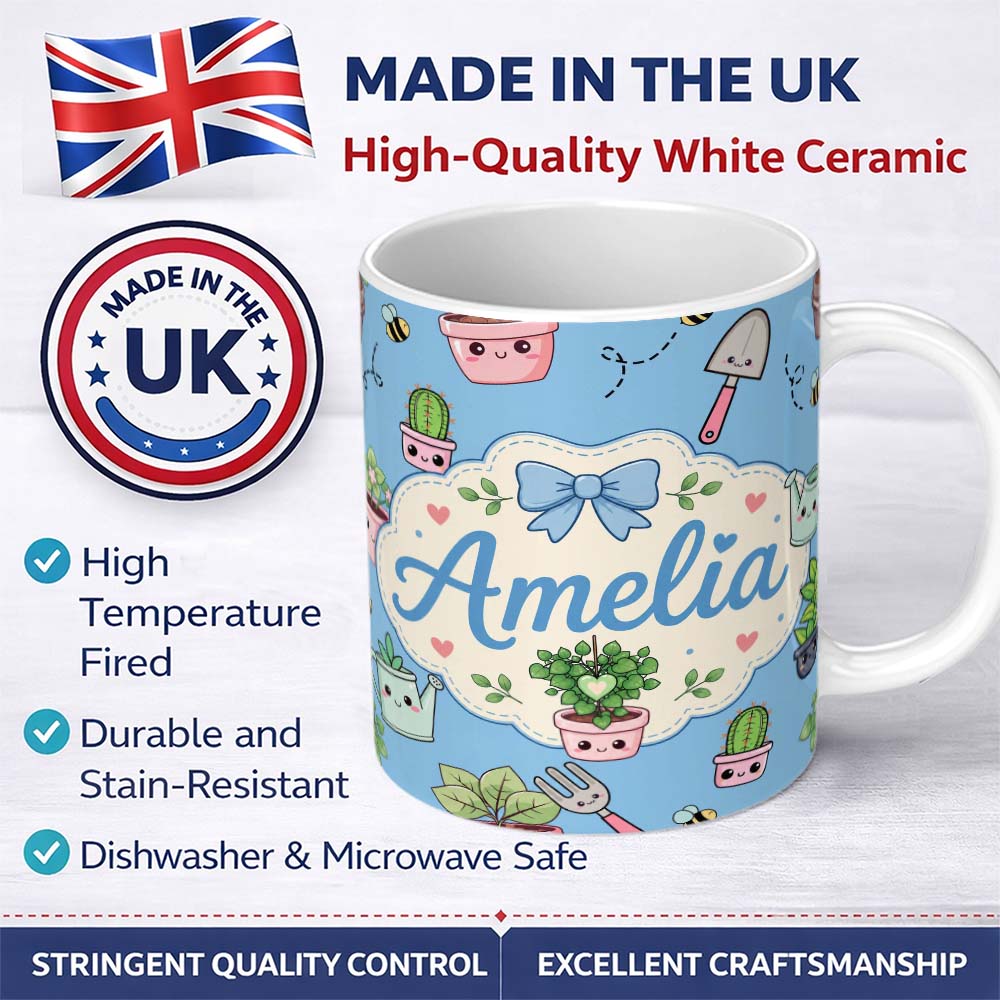 Personalized Custom Name Cute Kawaii Garden Tools Plants Bees Seamless Pattern Blue Lovely 11oz Ceramic Coffee Tea Mug White Large Handle