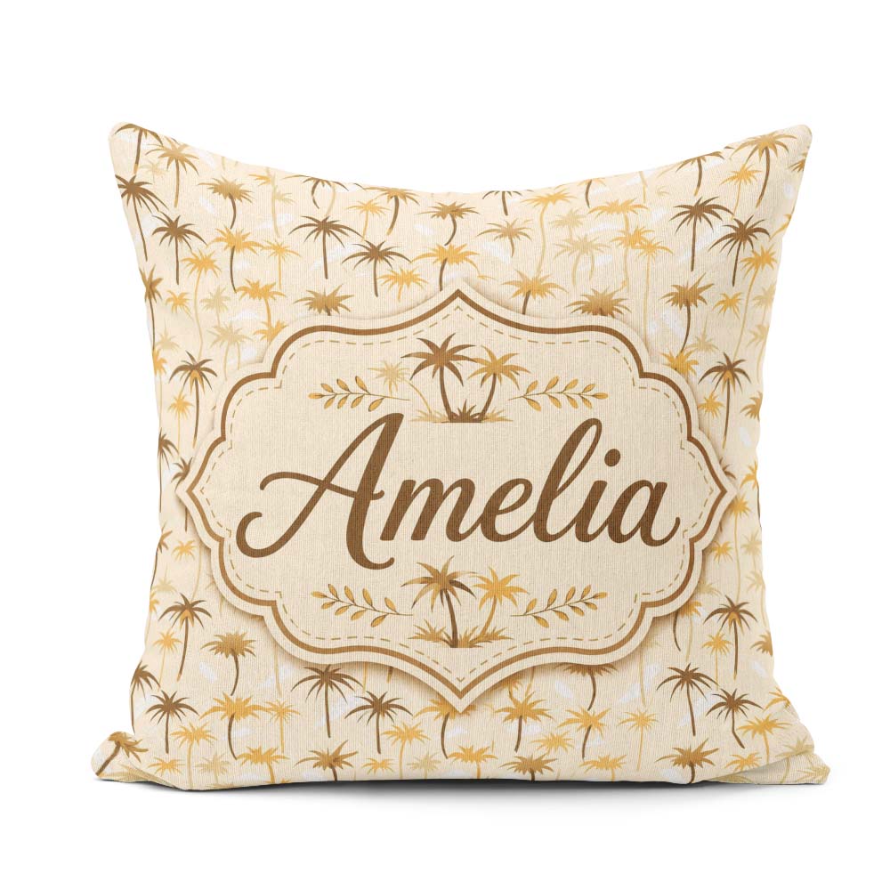 Custom Name Minimal Palm Tropical Beige Pattern Seamless Pattern Square Filled Cushion Throw Pillow Sofa Bed Home Decor Zip Washable UK Made