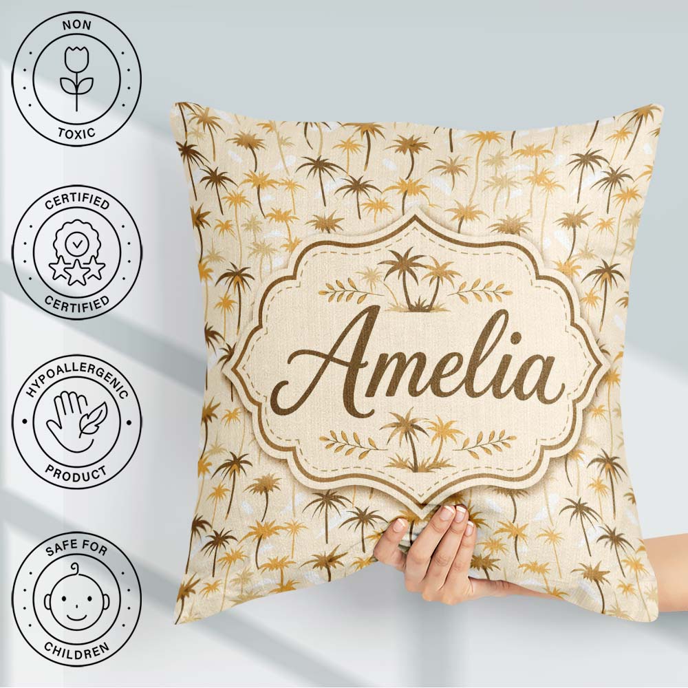 Custom Name Minimal Palm Tropical Beige Pattern Seamless Pattern Square Filled Cushion Throw Pillow Sofa Bed Home Decor Zip Washable UK Made