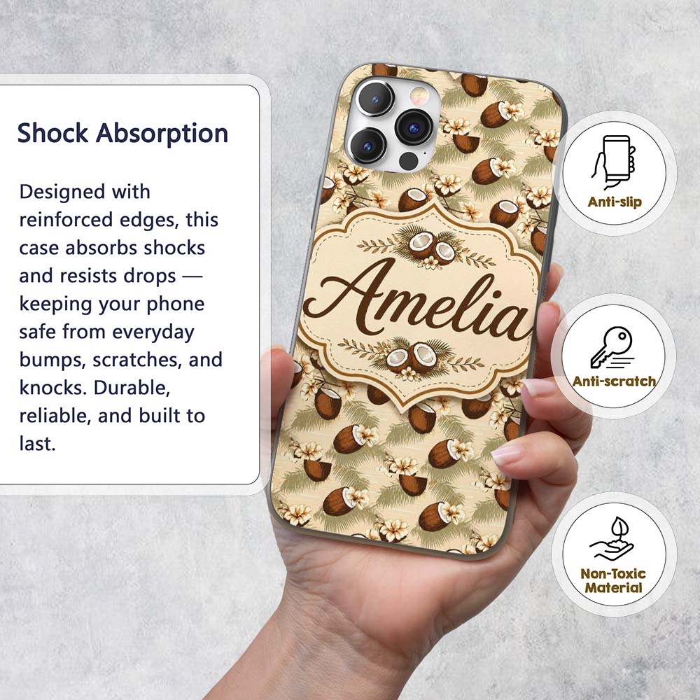Coconut Palm Hibiscus Tropical Island Seamless Custom Name Protective Phone Case Mobile Cover Durable Everyday Smartphone Shock Resistant