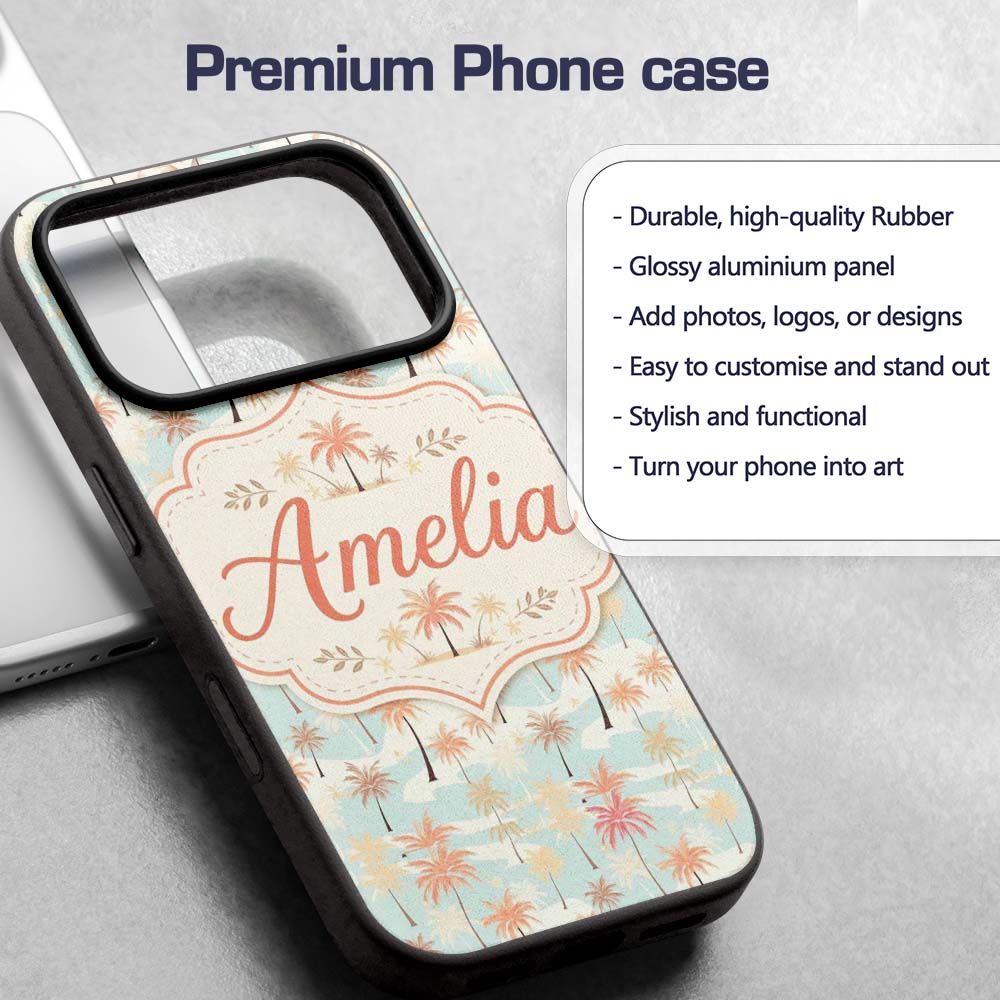 Soft Pastel Palm Tree Island Pattern Seamless Custom Name Protective Phone Case Mobile Cover Durable Everyday Smartphone Shock Resistant