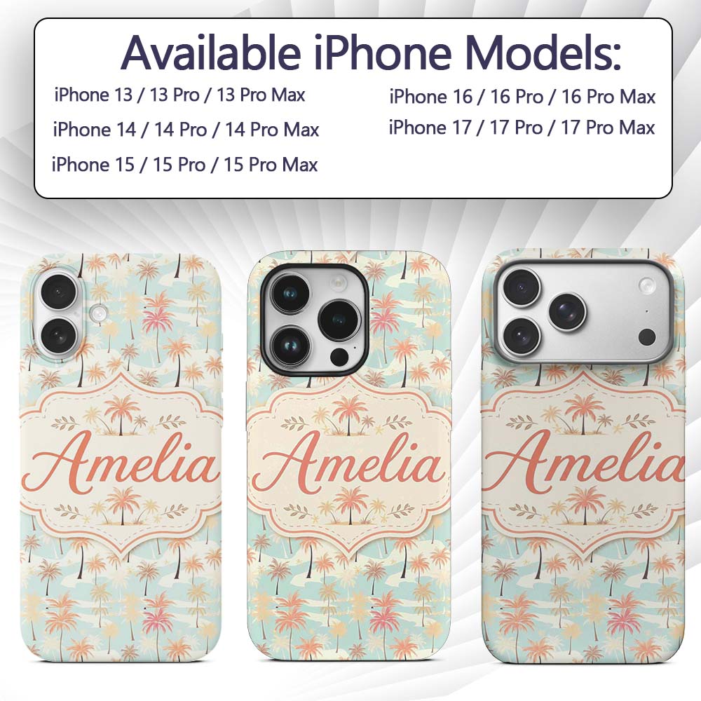 Soft Pastel Palm Tree Island Pattern Seamless Custom Name Protective Phone Case Mobile Cover Durable Everyday Smartphone Shock Resistant