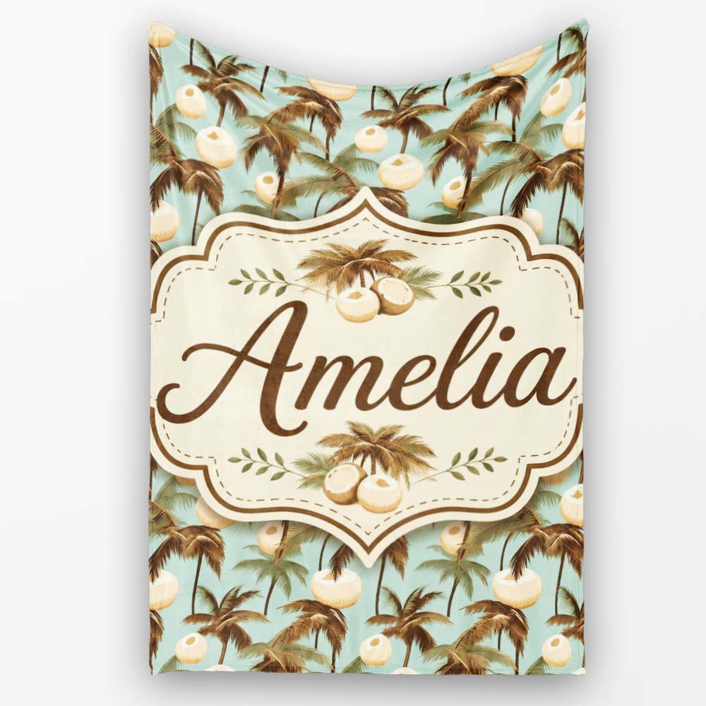 Vintage Coconut Palm Coastal Beige Seamless Pattern Cute Unique Gift Personalised Custom Name Super Soft Fleece Blanket Bed Sofa Throw