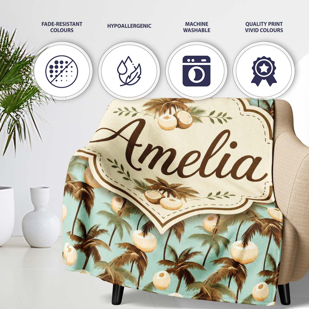 Vintage Coconut Palm Coastal Beige Seamless Pattern Cute Unique Gift Personalised Custom Name Super Soft Fleece Blanket Bed Sofa Throw
