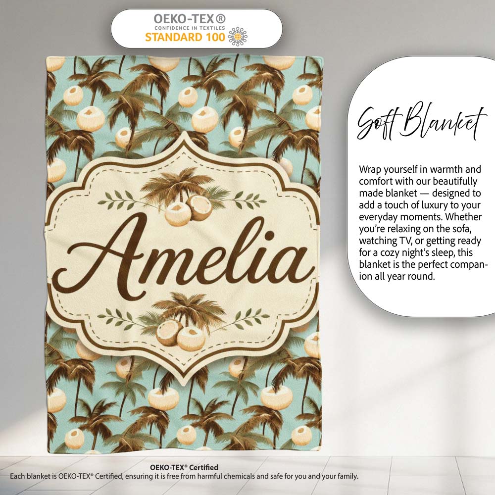 Vintage Coconut Palm Coastal Beige Seamless Pattern Cute Unique Gift Personalised Custom Name Super Soft Fleece Blanket Bed Sofa Throw