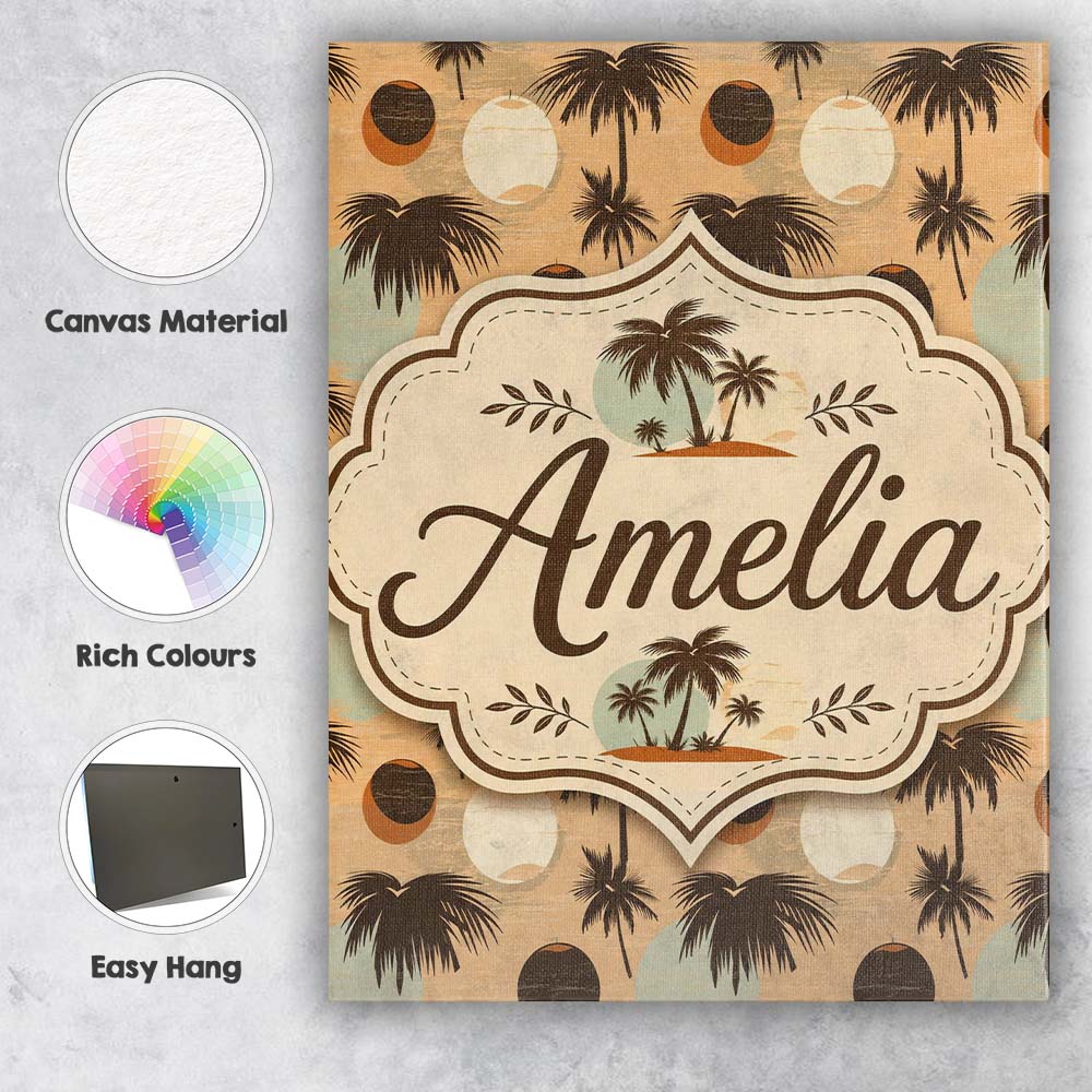Personalised Name Tropical Palm Trees and Custom Unique Gift Idea Elegant Feature Canvas Wall Art Print Decor Picture Ready to Hang
