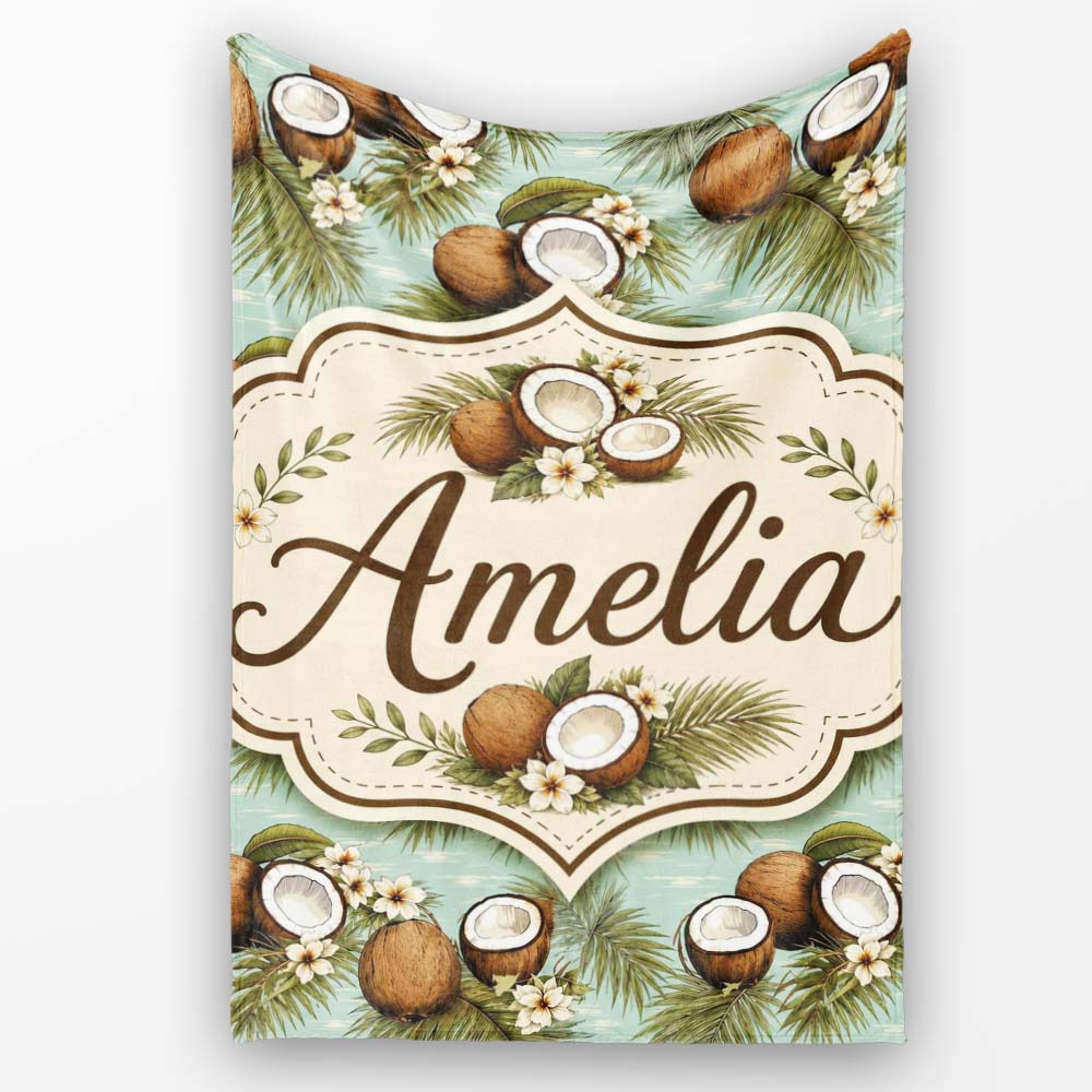 Tropical Coconuts Palm Leaves and White Flowers on Soft Blue Beach Personalised Custom Name Super Soft Fleece Blanket Bed Sofa Throw