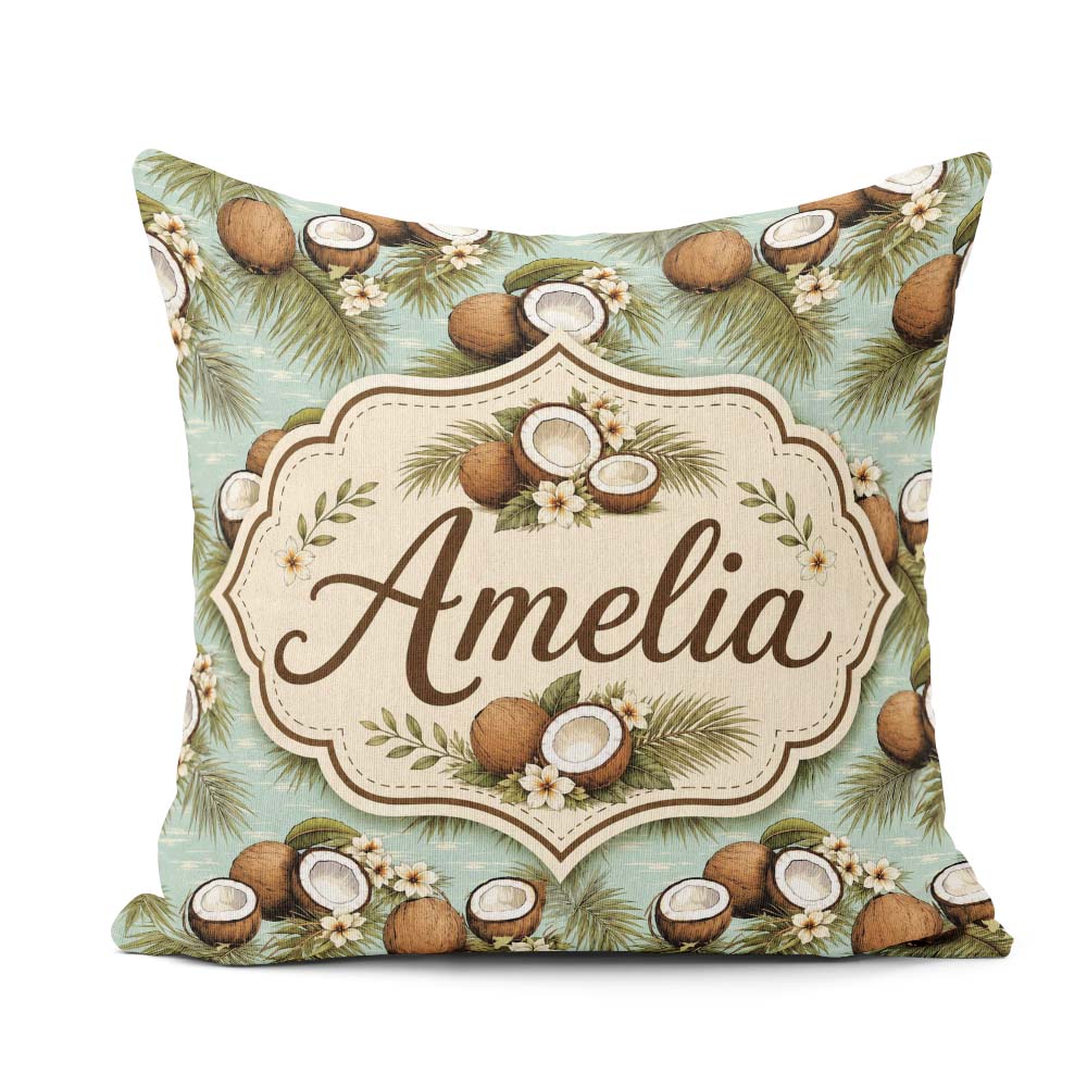 Custom Name Tropical Coconuts Palm Leaves and White on Soft Blue Square Filled Cushion Throw Pillow Sofa Bed Home Decor Zip Washable UK Made