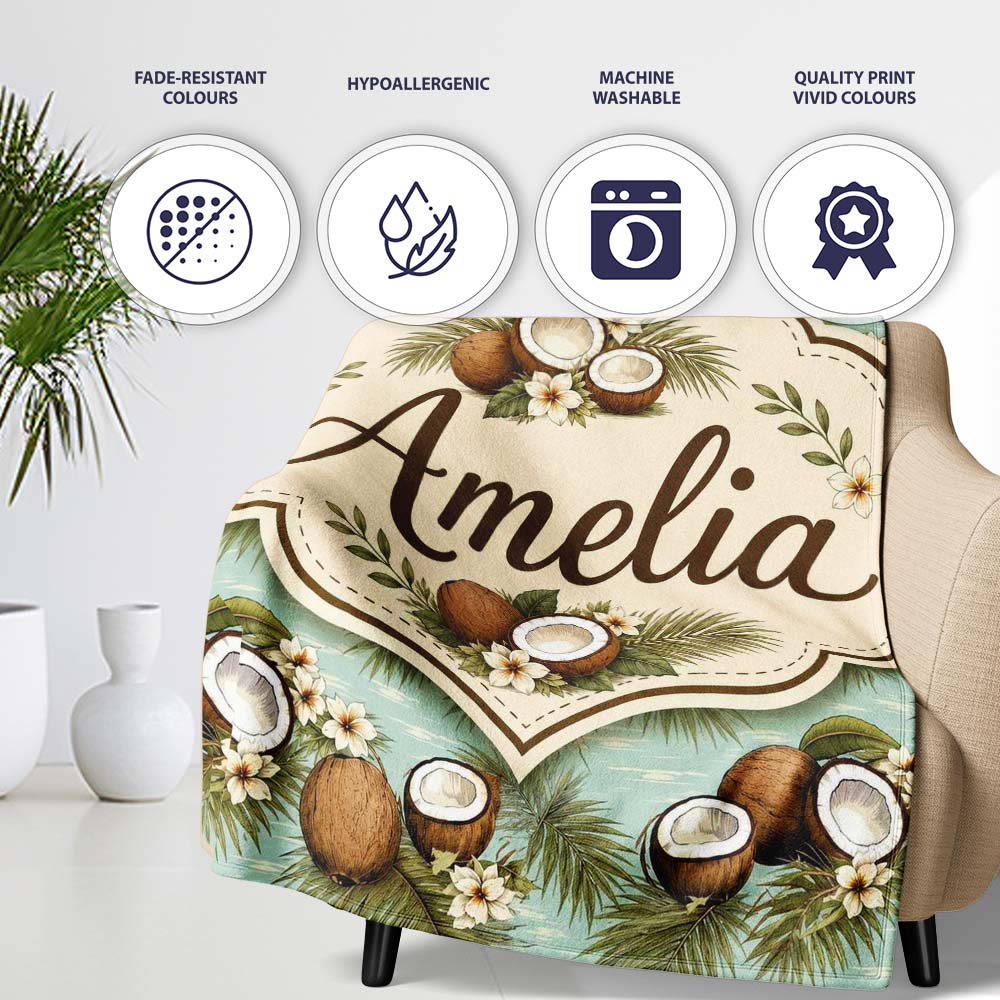 Tropical Coconuts Palm Leaves and White Flowers on Soft Blue Beach Personalised Custom Name Super Soft Fleece Blanket Bed Sofa Throw