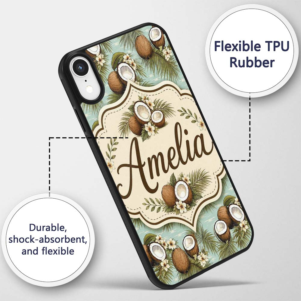 Tropical Coconuts Palm Leaves and White Flowers Custom Name Protective Phone Case Mobile Cover Durable Everyday Smartphone Shock Resistant