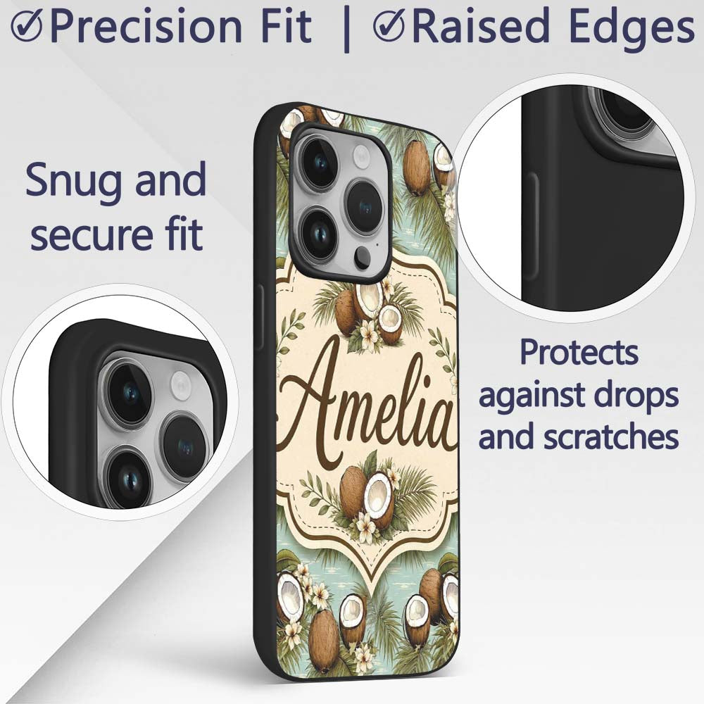 Tropical Coconuts Palm Leaves and White Flowers Custom Name Protective Phone Case Mobile Cover Durable Everyday Smartphone Shock Resistant