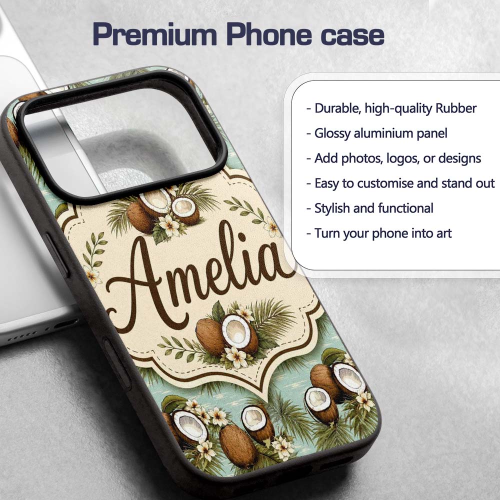 Tropical Coconuts Palm Leaves and White Flowers Custom Name Protective Phone Case Mobile Cover Durable Everyday Smartphone Shock Resistant