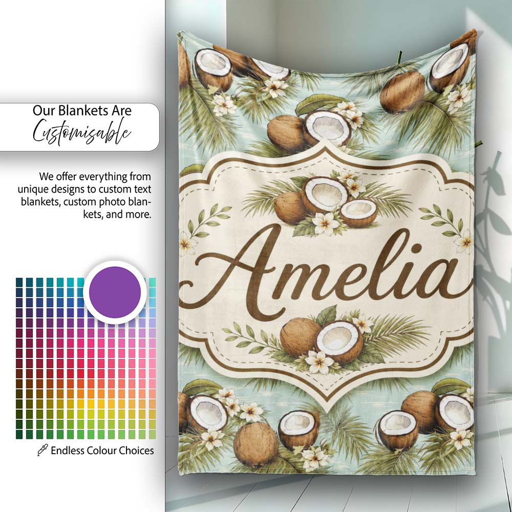 Tropical Coconuts Palm Leaves and White Flowers on Soft Blue Beach Personalised Custom Name Super Soft Fleece Blanket Bed Sofa Throw