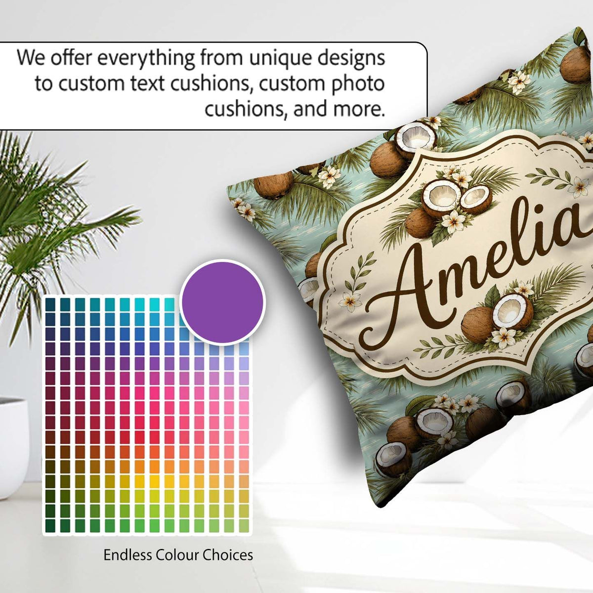 Custom Name Tropical Coconuts Palm Leaves and White on Soft Blue Square Filled Cushion Throw Pillow Sofa Bed Home Decor Zip Washable UK Made