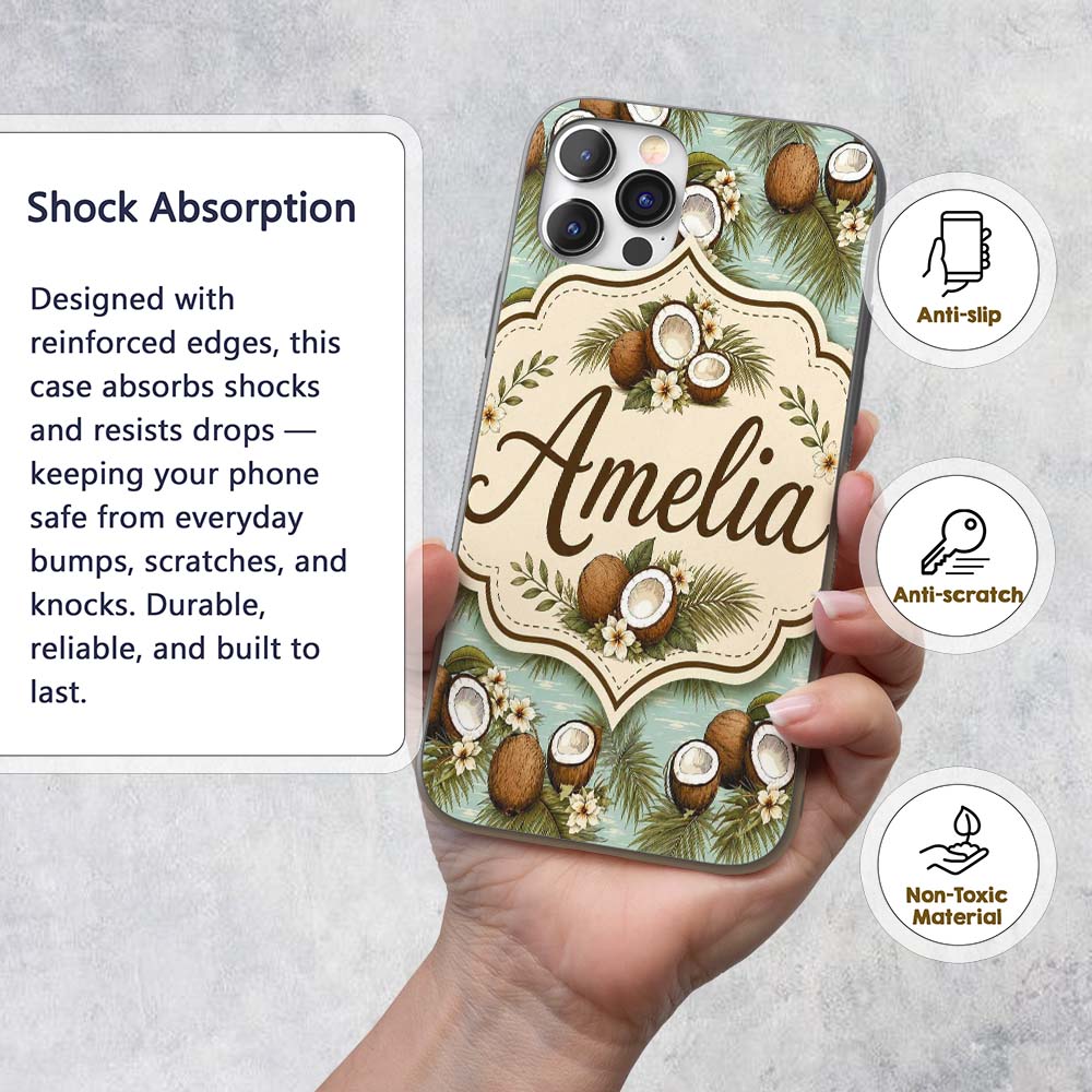 Tropical Coconuts Palm Leaves and White Flowers Custom Name Protective Phone Case Mobile Cover Durable Everyday Smartphone Shock Resistant