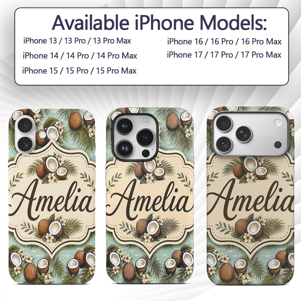 Tropical Coconuts Palm Leaves and White Flowers Custom Name Protective Phone Case Mobile Cover Durable Everyday Smartphone Shock Resistant