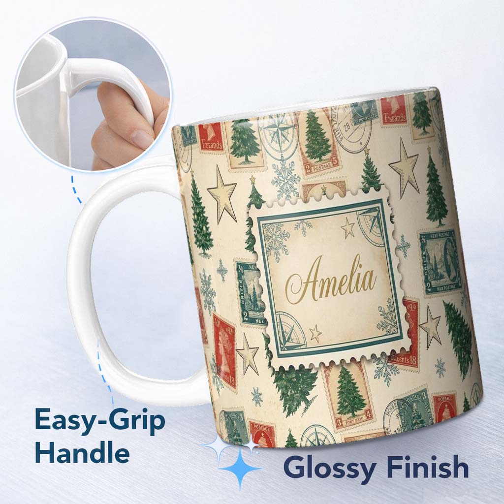 Personalized Custom Name Vintage Christmas Postcards Stamps and Winter Scenes Seamless Lovely 11oz Ceramic Coffee Tea Mug White Large Handle