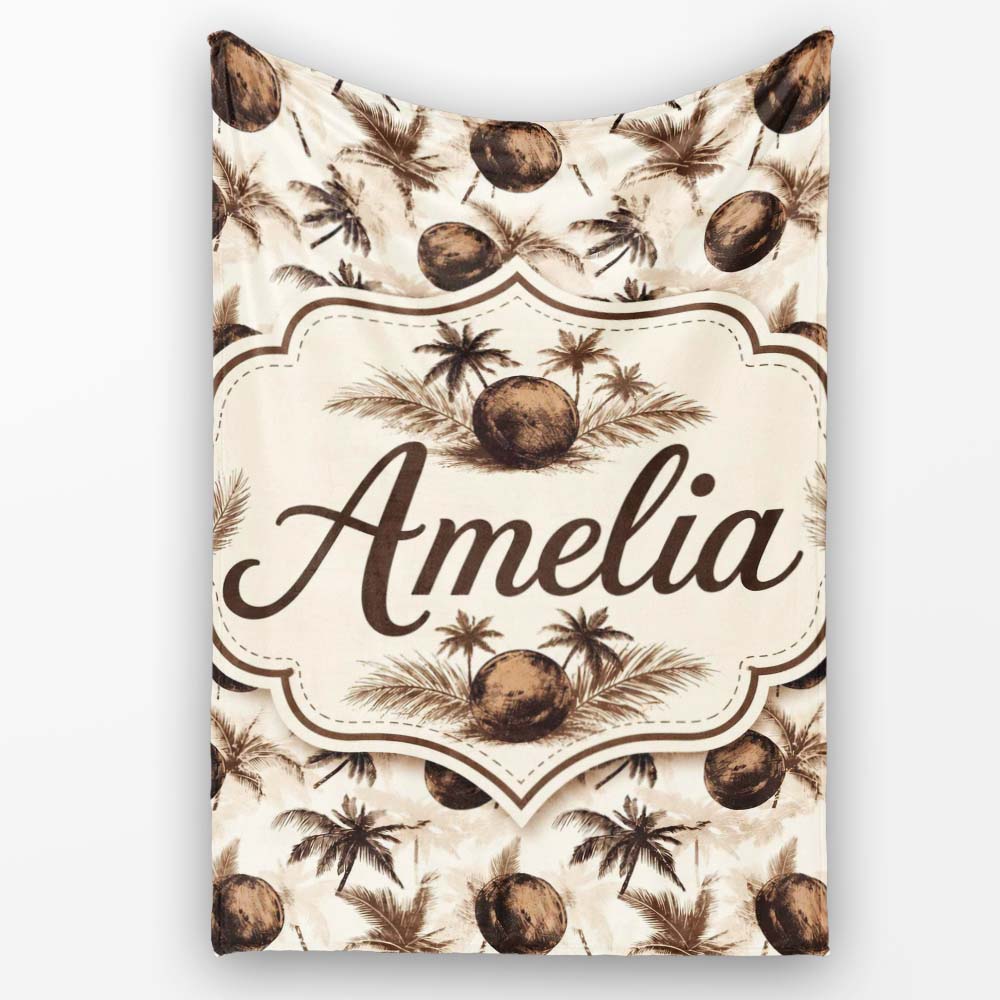 Vintage Coconut and Palm Tree Monochrome Sepia Island Repeat Pattern Personalised Custom Name Super Soft Fleece Blanket Bed Sofa Throw