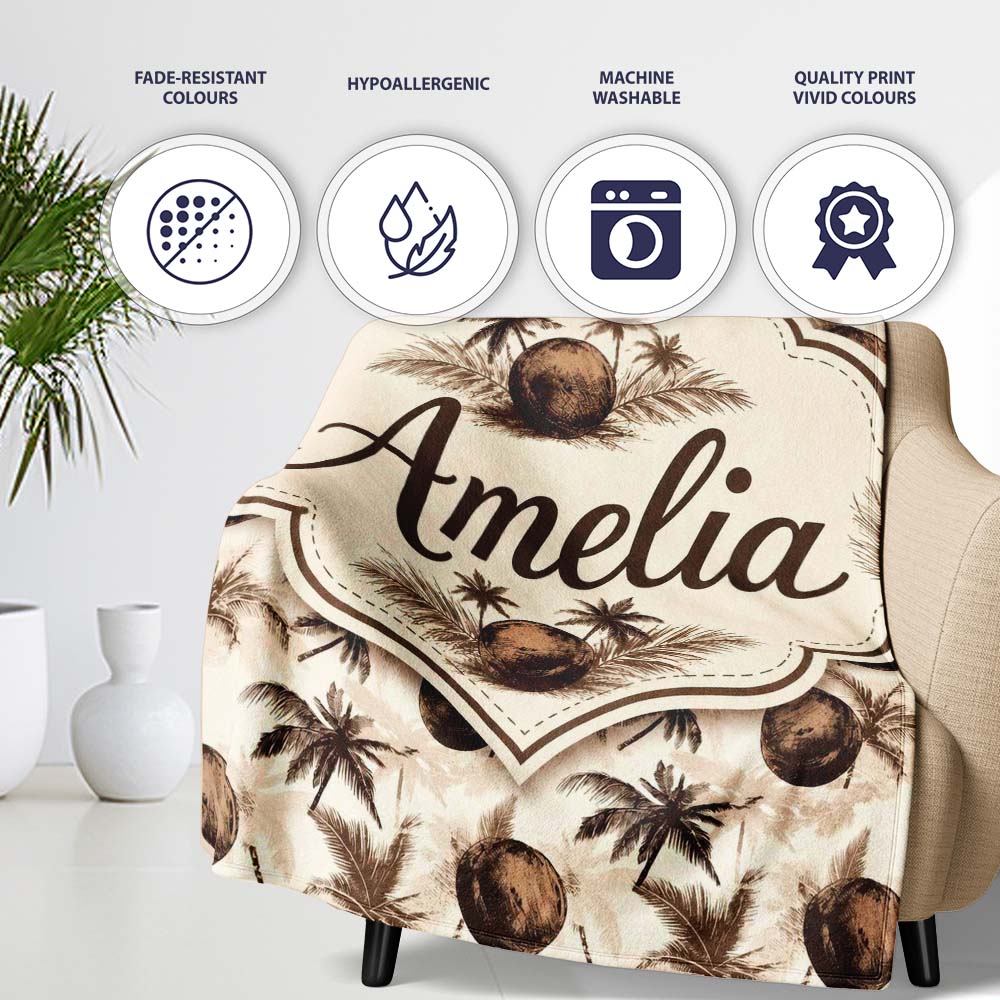 Vintage Coconut and Palm Tree Monochrome Sepia Island Repeat Pattern Personalised Custom Name Super Soft Fleece Blanket Bed Sofa Throw