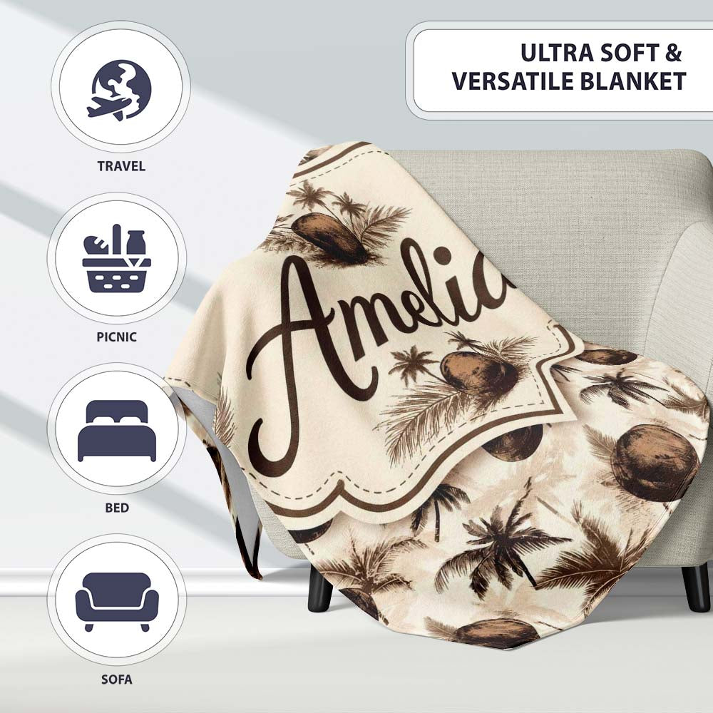 Vintage Coconut and Palm Tree Monochrome Sepia Island Repeat Pattern Personalised Custom Name Super Soft Fleece Blanket Bed Sofa Throw