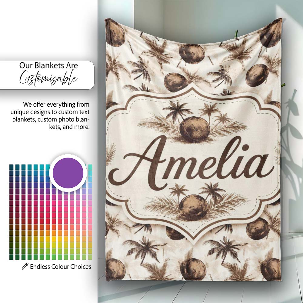 Vintage Coconut and Palm Tree Monochrome Sepia Island Repeat Pattern Personalised Custom Name Super Soft Fleece Blanket Bed Sofa Throw