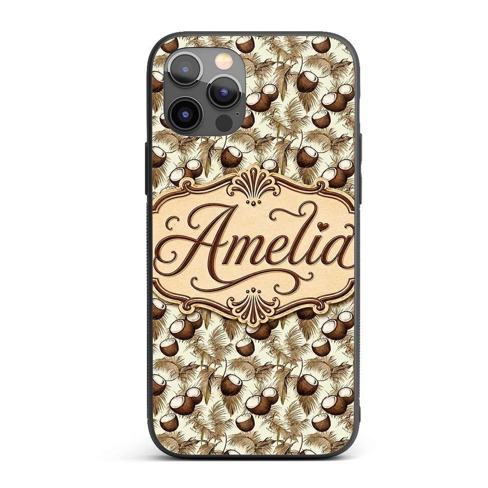 Neutral Coconut Palm Leaves Decorative Design Custom Name Protective Phone Case Mobile Cover Durable Everyday Smartphone Shock Resistant
