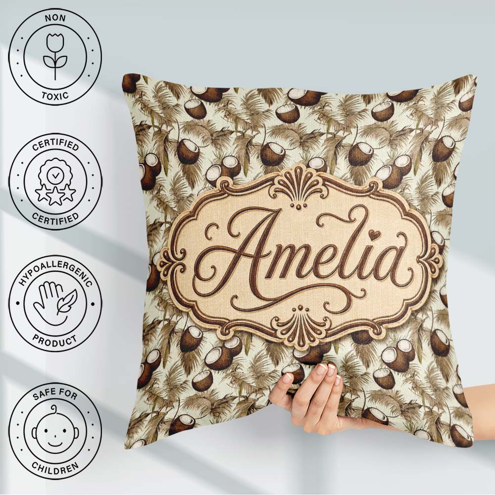 Custom Name Neutral Coconut Palm Leaves Beige Tropical Botanical Square Filled Cushion Throw Pillow Sofa Bed Home Decor Zip Washable UK Made