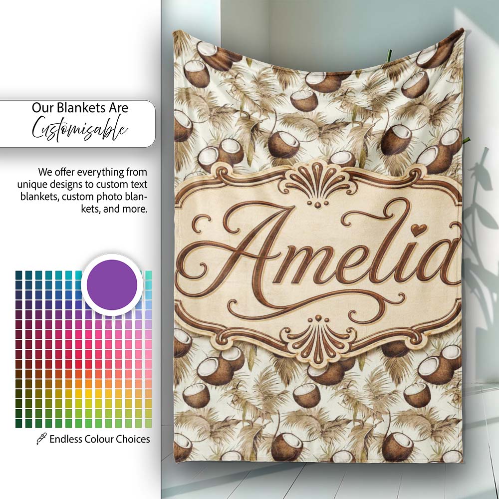 Neutral Coconut Palm Leaves Minimal Beige Tropical Botanical Lovely Personalised Custom Name Super Soft Fleece Blanket Bed Sofa Throw