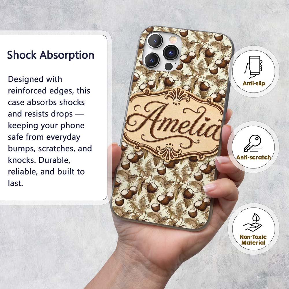Neutral Coconut Palm Leaves Decorative Design Custom Name Protective Phone Case Mobile Cover Durable Everyday Smartphone Shock Resistant