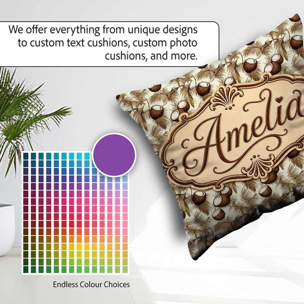 Custom Name Neutral Coconut Palm Leaves Beige Tropical Botanical Square Filled Cushion Throw Pillow Sofa Bed Home Decor Zip Washable UK Made