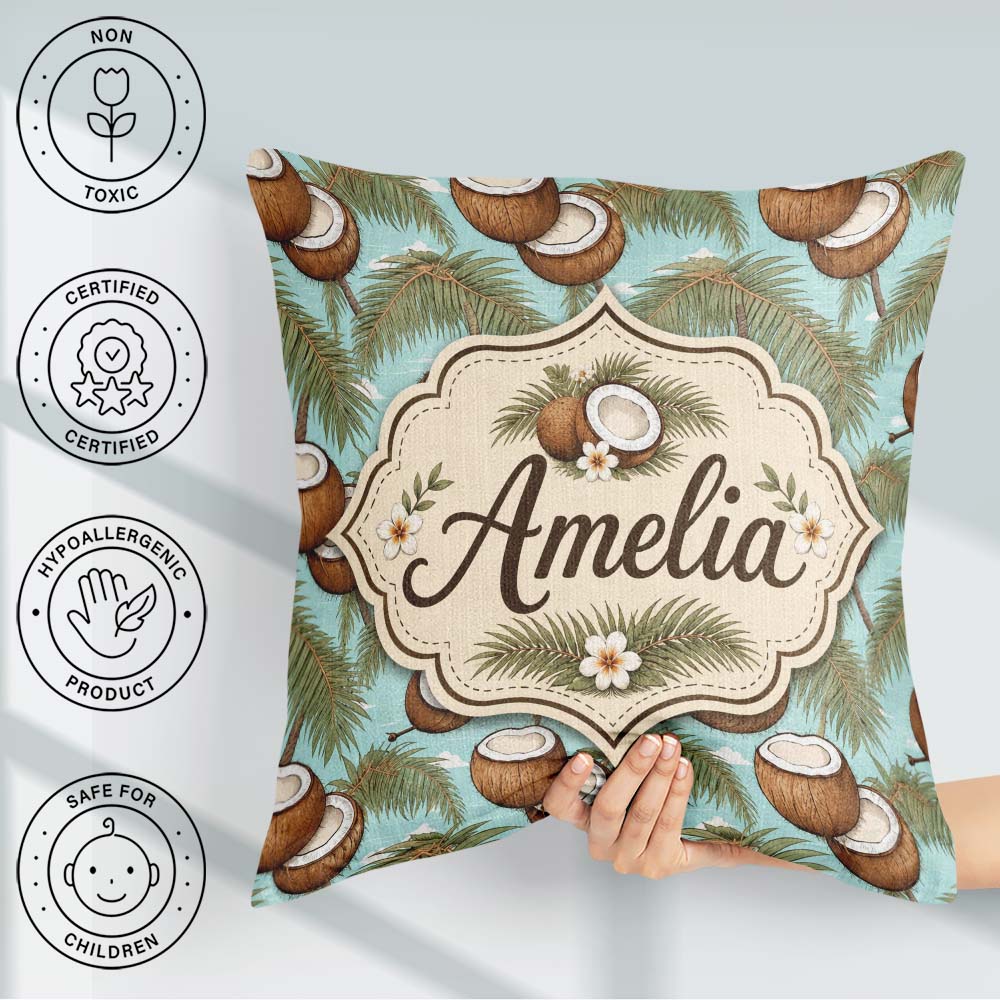 Custom Name Coastal Coconut Palm Tree on Sky Blue Beach Scene Square Filled Cushion Throw Pillow Sofa Bed Home Decor Zip Washable UK Made