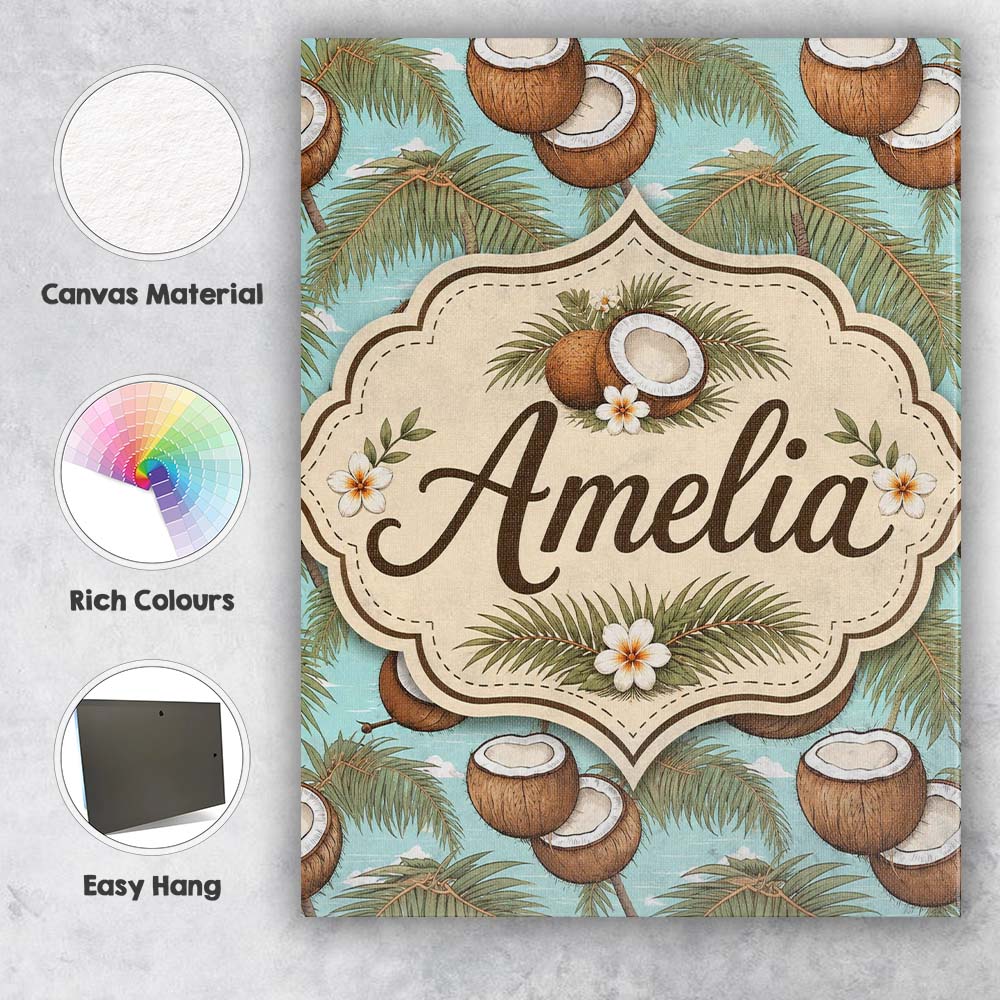 Personalised Name Coastal Coconut Palm Tree Custom Bespoke Interior Contemporary Canvas Wall Art Print Decor Picture Ready to Hang