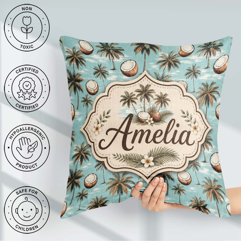 Custom Name Coastal Palm Trees on Aqua Ocean Background Tropical Square Filled Cushion Throw Pillow Sofa Bed Home Decor Zip Washable UK Made