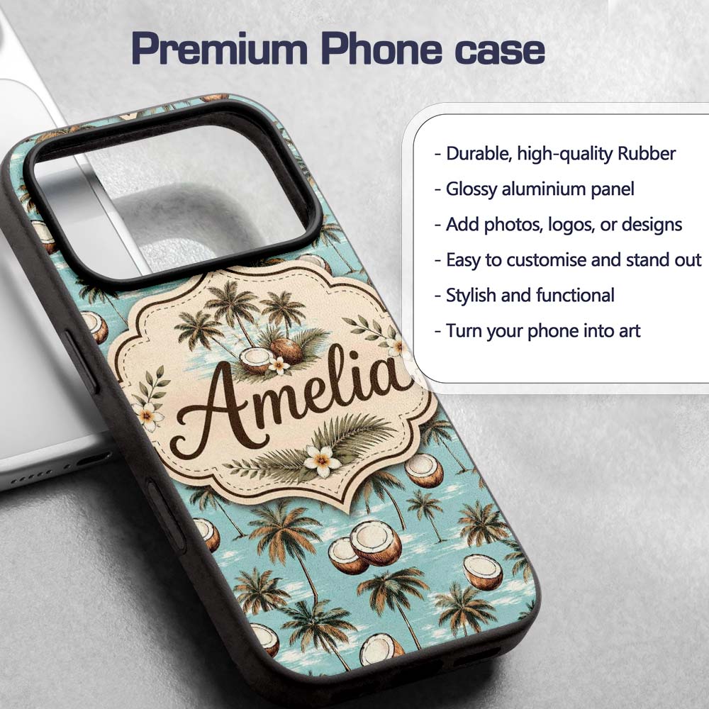 Coastal Coconut Palm Trees on Aqua Printed Design Custom Name Protective Phone Case Mobile Cover Durable Everyday Smartphone Shock Resistant
