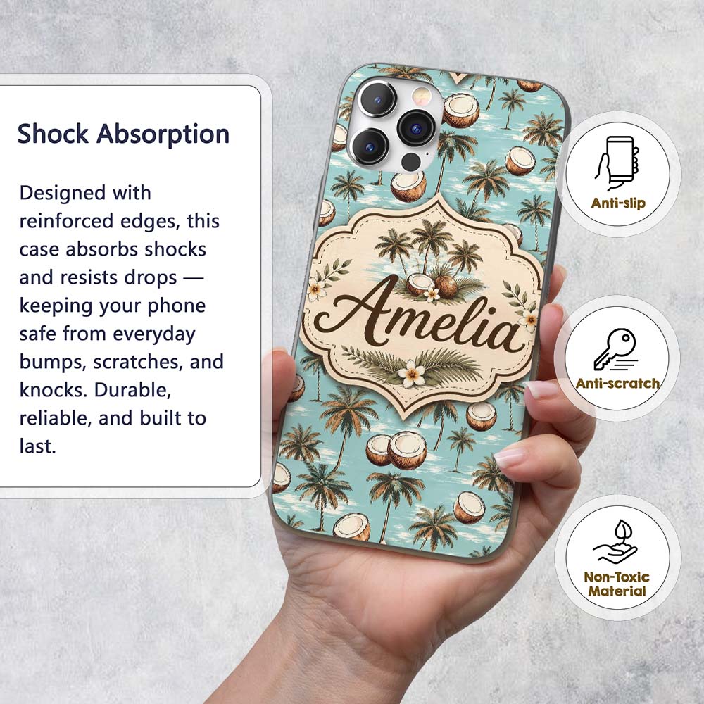 Coastal Coconut Palm Trees on Aqua Printed Design Custom Name Protective Phone Case Mobile Cover Durable Everyday Smartphone Shock Resistant