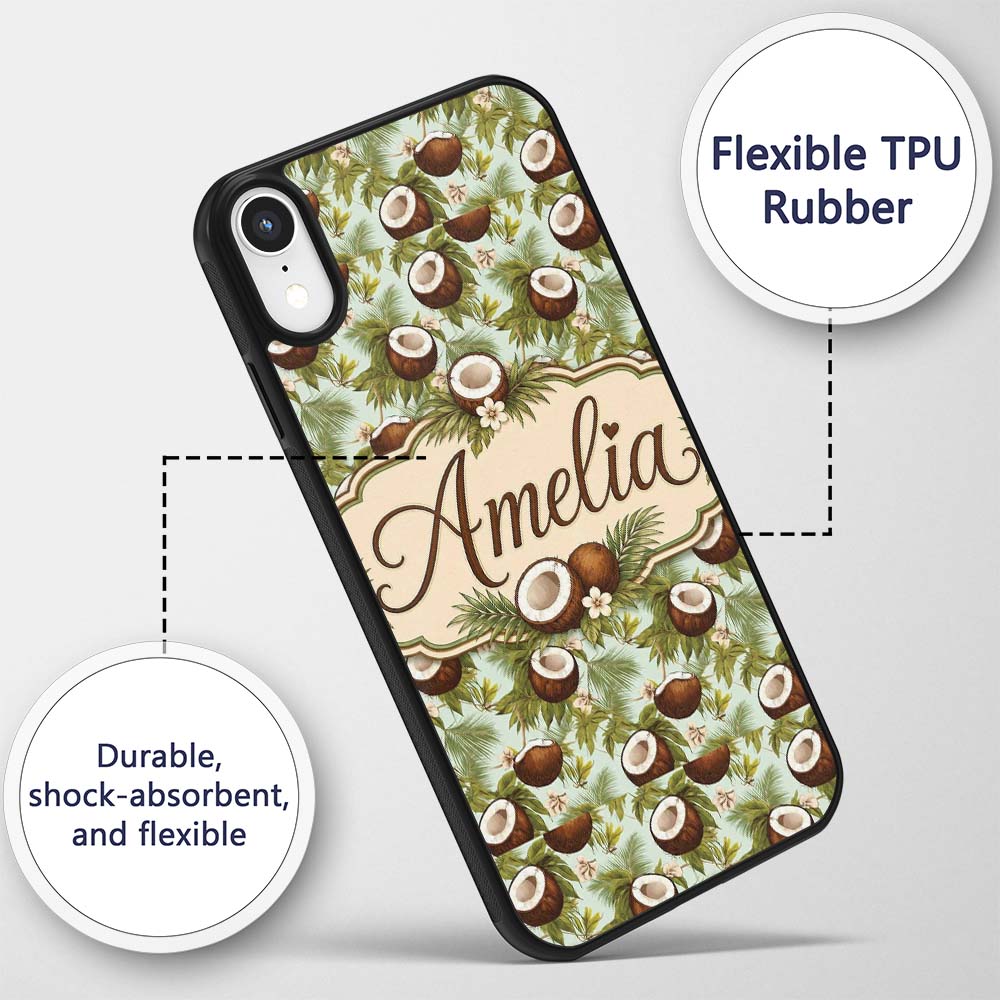 Fresh Coconut and Tropical Leaves with Flowers on Custom Name Protective Phone Case Mobile Cover Durable Everyday Smartphone Shock Resistant
