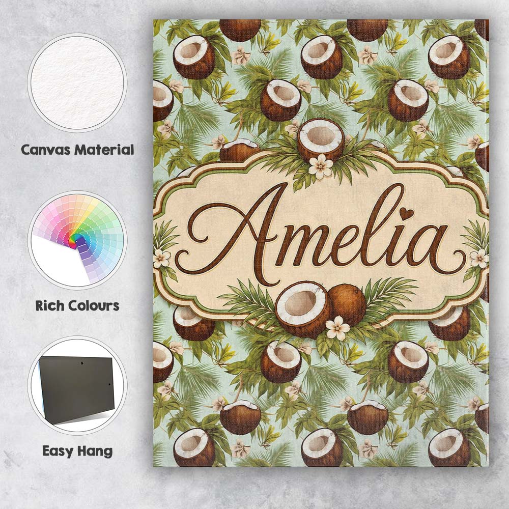 Personalised Name Fresh Coconut and Tropical Custom Bespoke Contemporary Display Canvas Wall Art Print Decor Picture Ready to Hang