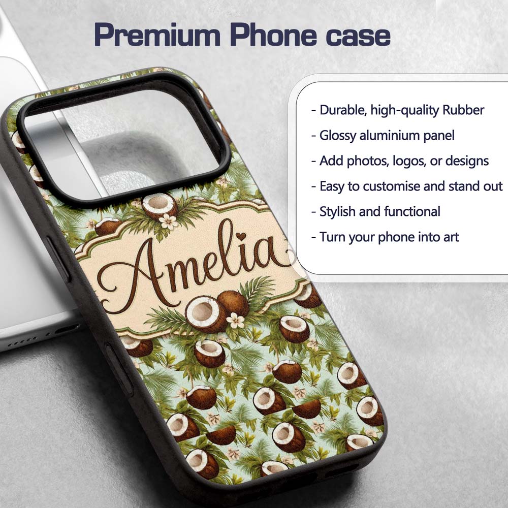 Fresh Coconut and Tropical Leaves with Flowers on Custom Name Protective Phone Case Mobile Cover Durable Everyday Smartphone Shock Resistant