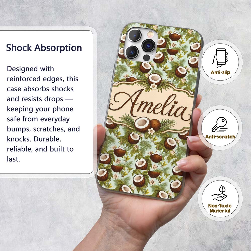 Fresh Coconut and Tropical Leaves with Flowers on Custom Name Protective Phone Case Mobile Cover Durable Everyday Smartphone Shock Resistant