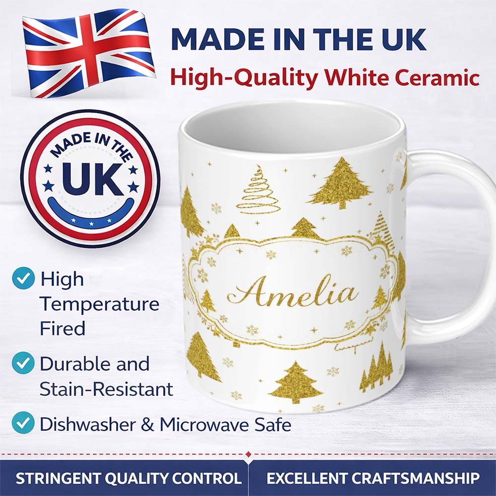 Personalized Custom Name Gold Glitter Christmas Tree Pattern White Background Seamless Lovely 11oz Ceramic Coffee Tea Mug White Large Handle