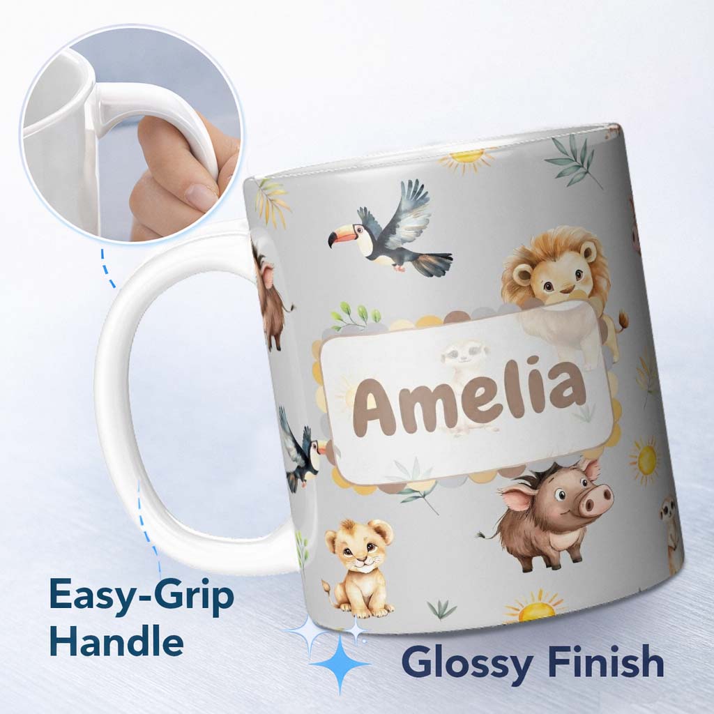 Personalized Custom Name Cute Safari Animals Lion Toucan and Warthog with Sun and 11oz Ceramic Coffee Tea Mug White Large Handle