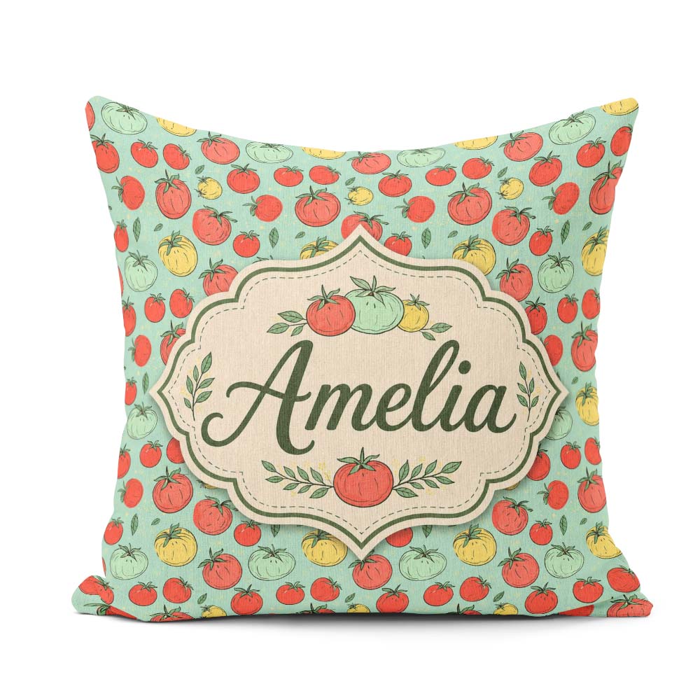 Custom Name Mixed Tomatoes in Red Yellow and Green on Soft Blue Square Filled Cushion Throw Pillow Sofa Bed Home Decor Zip Washable UK Made