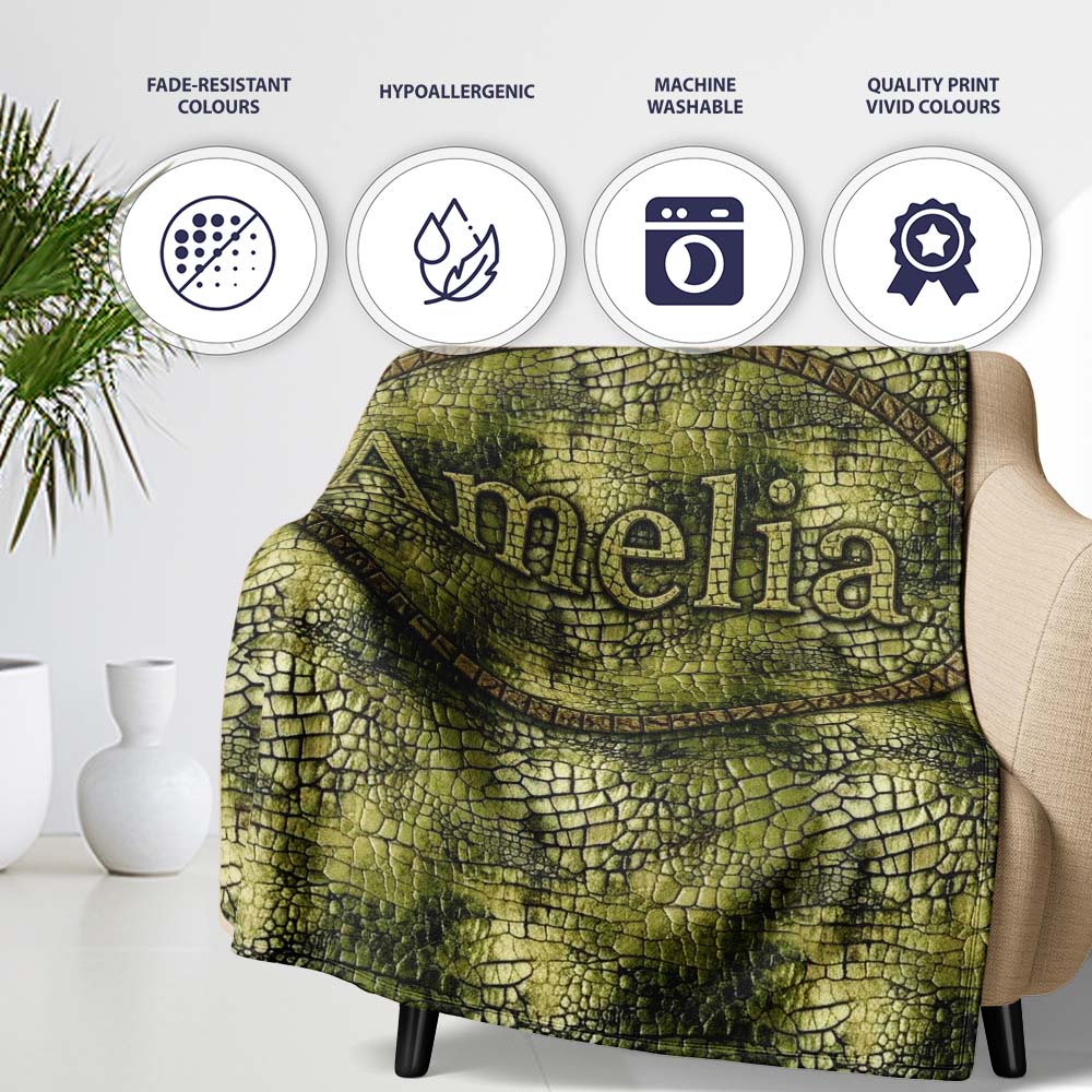 Rustic Mixed Tone Crocodile Texture Pattern Vintage Effect Design Personalised Custom Name Super Soft Fleece Blanket Bed Sofa Throw
