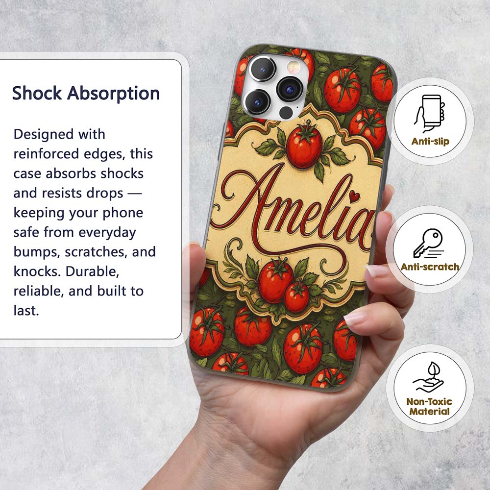 Realistic Red Tomatoes with Leaves on Dark Green Custom Name Protective Phone Case Mobile Cover Durable Everyday Smartphone Shock Resistant