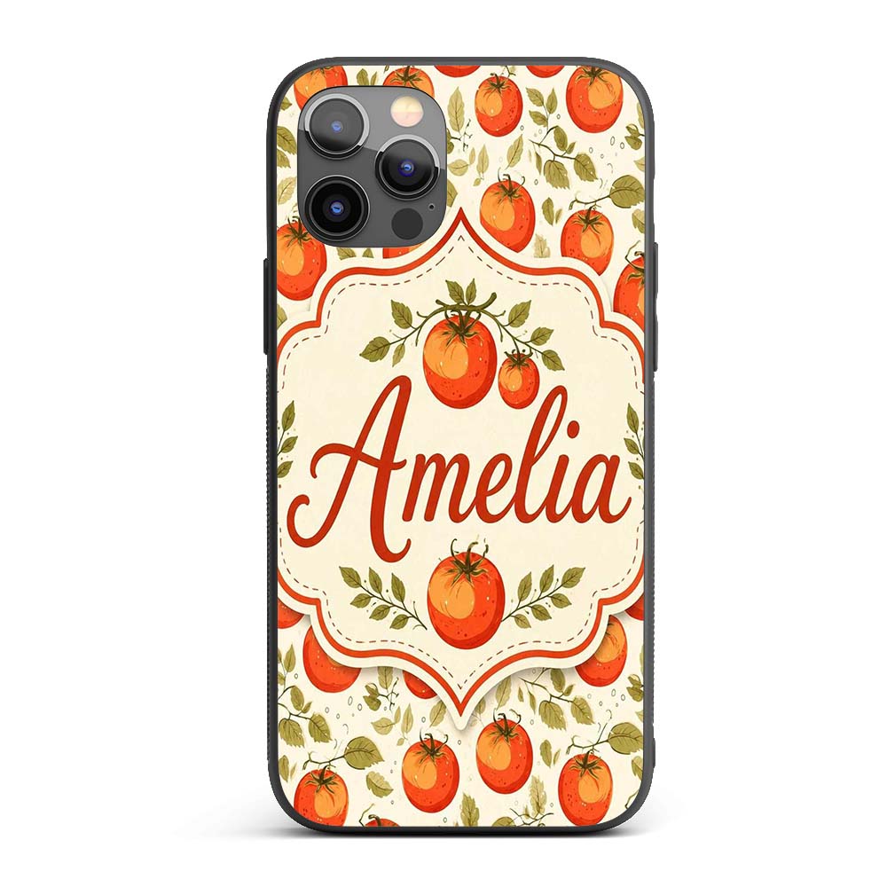 Fresh Tomato Vine Botanical Pattern on Cream Custom Name Protective Phone Case Mobile Cover Durable Everyday Smartphone Shock Resistant
